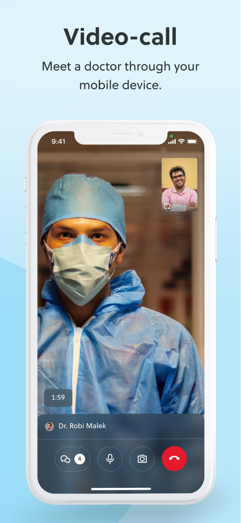 A mobile screen showing a live video call between a patient and a doctor using the Doctori app