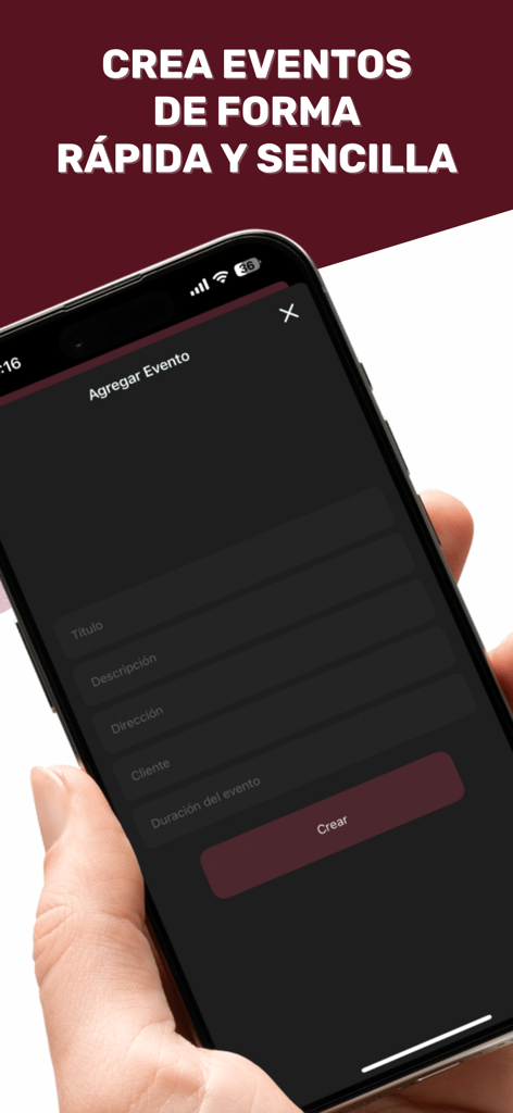 Smartphone screen showing the Rec 360 app form to add a new event with fields for title description and location