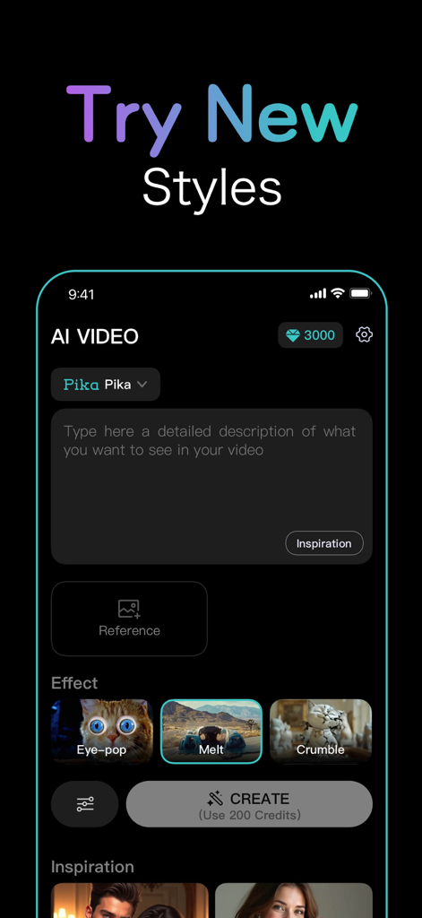 Veai 3 - AI Vdeo Generator - Interfaccia dell'app Veai 3 che mostra lo strumento di generazione testo-video con stili ed effetti creativi