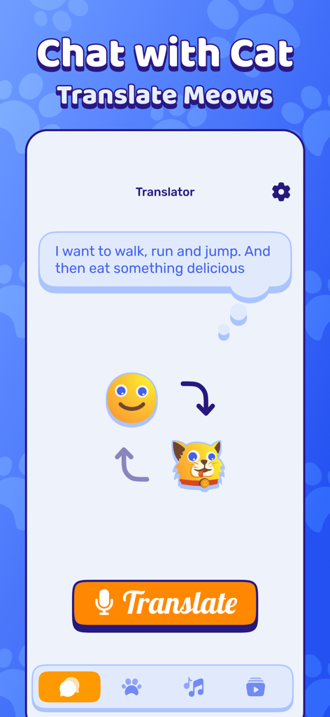 Capture d'écran de l'application Peppy Cat montrant la fonction de traduction des miaulements de chat avec une bulle de pensée et un bouton de traduction