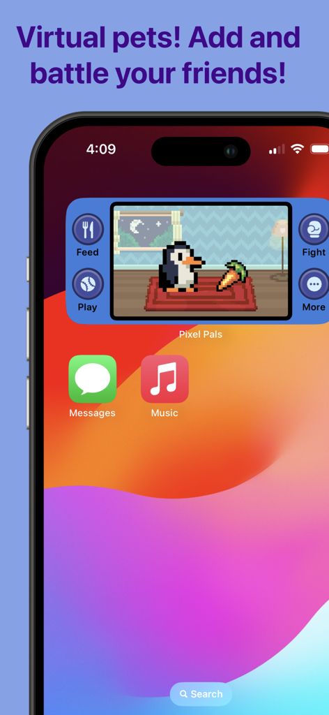 Pixel art penguin virtual pet on an iPhone home screen widget with interactive game buttons