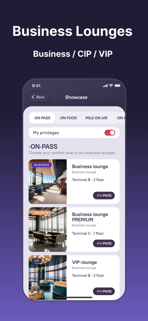 Interfaz de la aplicación MILEONAIR que muestra opciones para salas VIP de negocios premium y VIP en aeropuertos