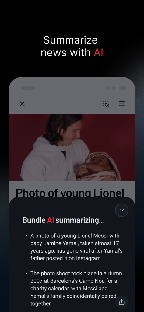 Bundle News: Breaking & Local - Bundle Newsアプリのインターフェースに、リオネル・メッシに関するニュース記事のAI生成要約が表示されています。