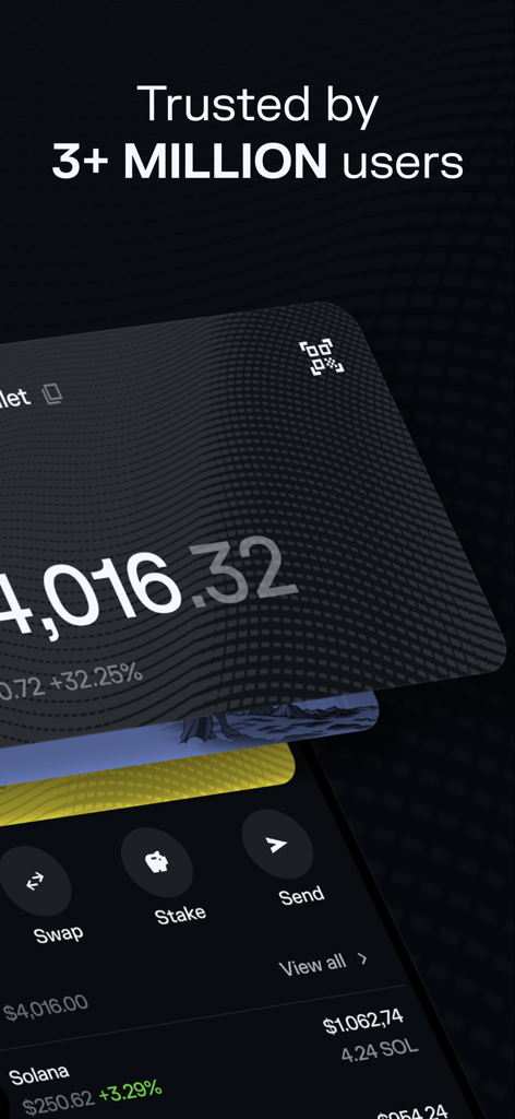 Solflare Solana Wallet App-Oberfläche, die das Benutzerguthaben und den Text Vertraut von 3 Millionen Nutzern anzeigt.