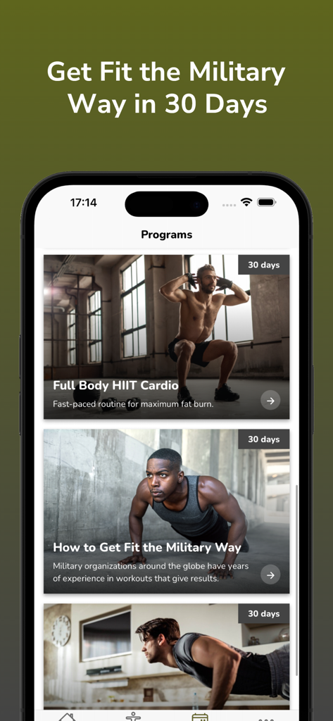 Interfaz de aplicación de fitness militar que muestra programas de entrenamiento de 30 días para HIIT y entrenamiento con peso corporal.