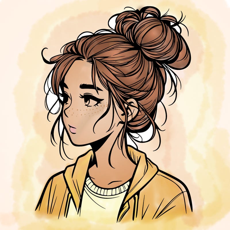 realistic teenage girl with a messy bun
