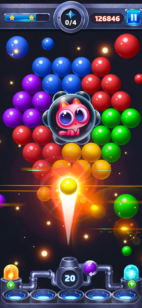 Bubble Shooter - Classic Pop - Gameplay of Bubble Shooter Classic Pop showing a yellow bubble aiming at a cluster of bubbles to rescue a trapped pink cat