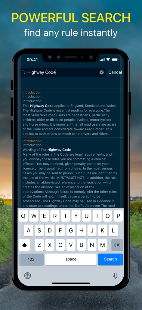 Search function in the Highway Code 2025 mobile app
