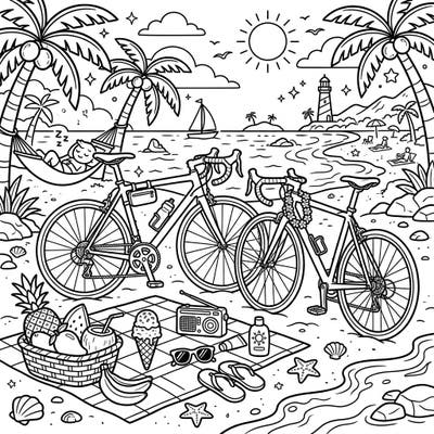 Get ready for an epic summer adventure with this detailed road bikes coloring page! Imagine the warm sand between your toes and the sea breeze as you bring this vibrant beach scene to life with your favorite colors.