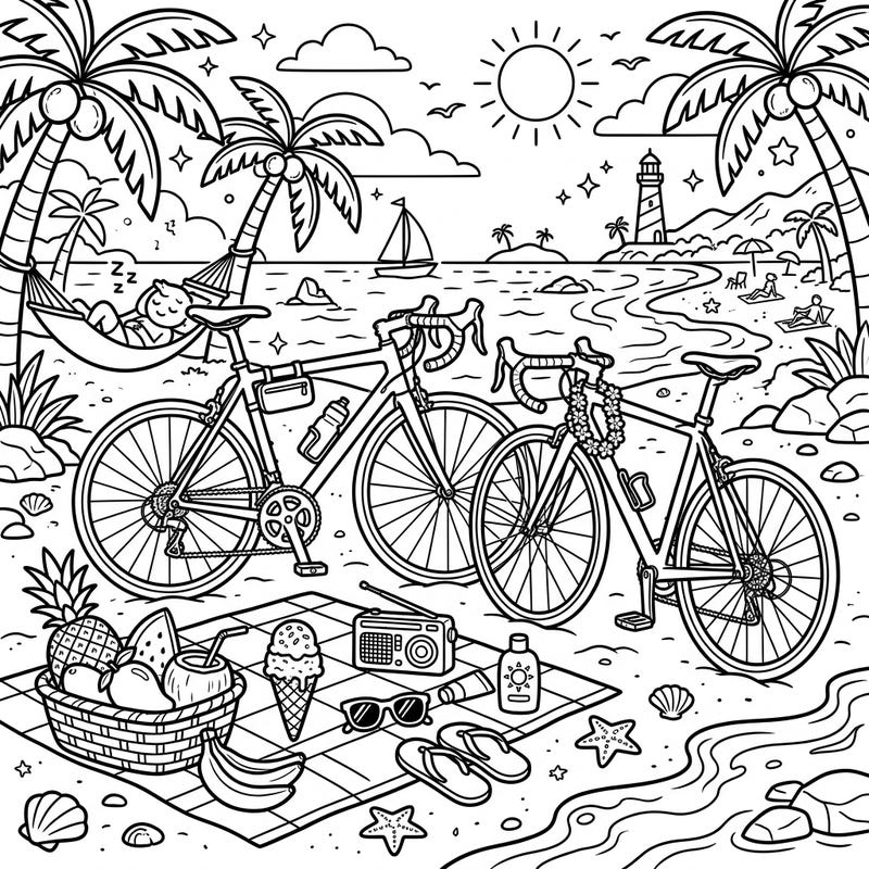 Get ready for an epic summer adventure with this detailed road bikes coloring page! Imagine the warm sand between your toes and the sea breeze as you bring this vibrant beach scene to life with your favorite colors.