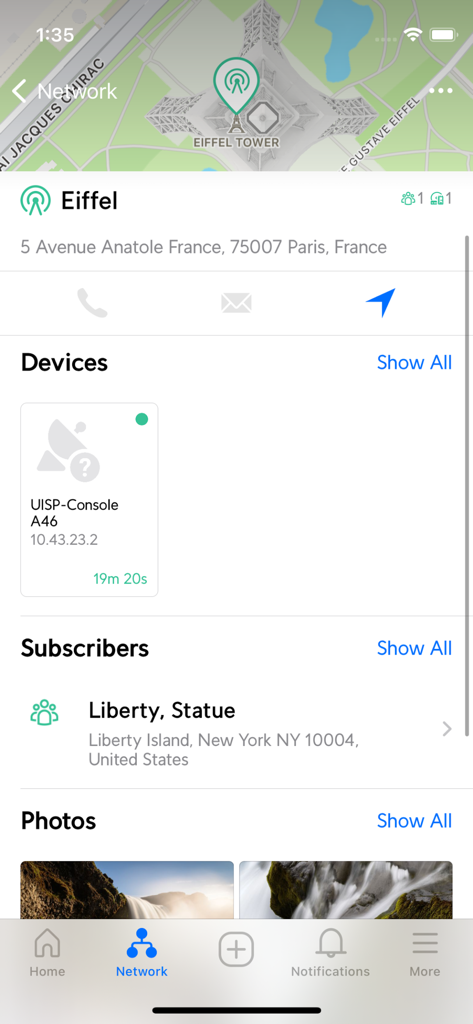 UISP Mobile - デバイスとサブスクライバーの詳細を含むネットワーク サイト管理を表示する UISP Mobile アプリのインターフェース