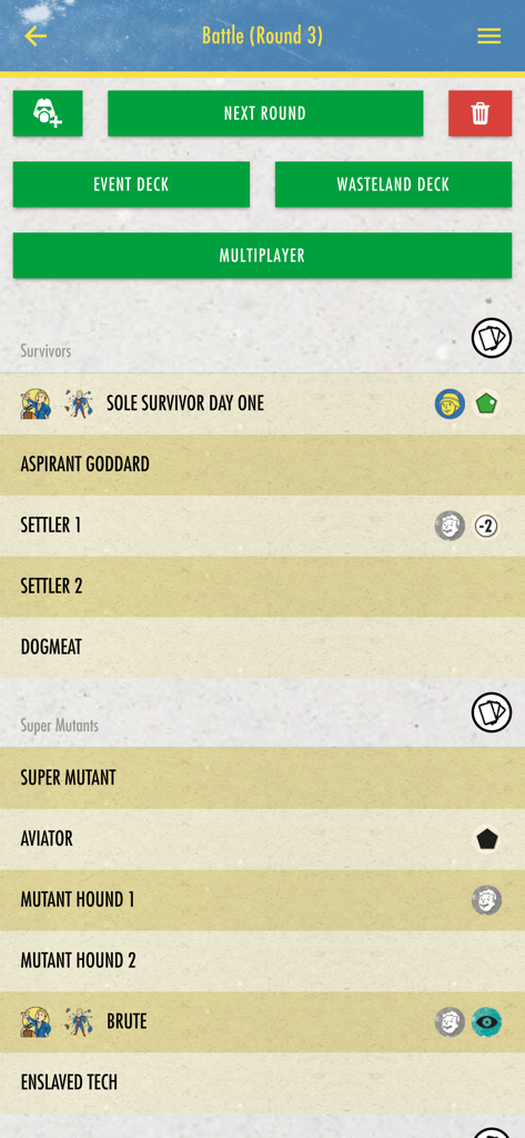 Fallout Miniatures - Interfaz del modo de batalla de la aplicación Fallout Miniatures que muestra listas de unidades de supervivientes y supermutantes con botones de gestión de rondas