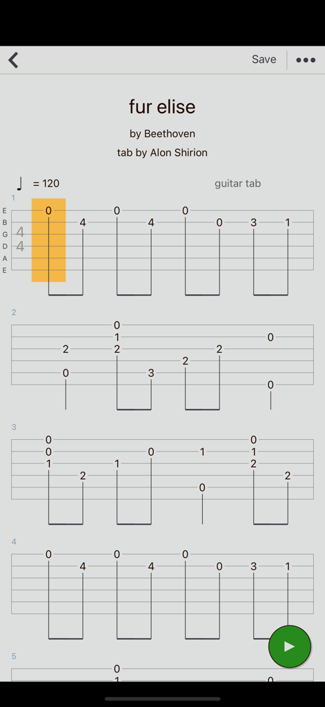 Guitar Tabs X - tabs editor - Guitar Tabs X mobile app interface displaying a guitar tablature for Fur Elise by Beethoven