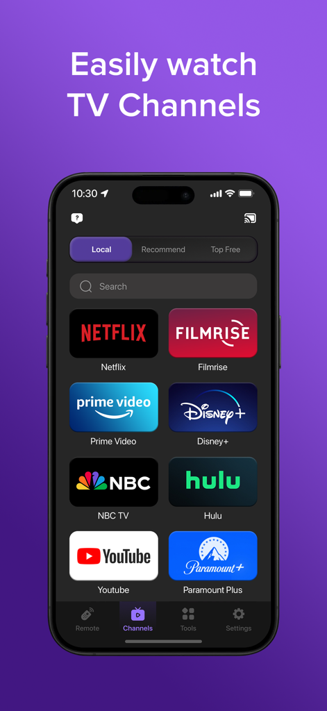 A smartphone screen displaying the TV Remote app with a grid of streaming channel icons like Netflix, Disney Plus, and YouTube.