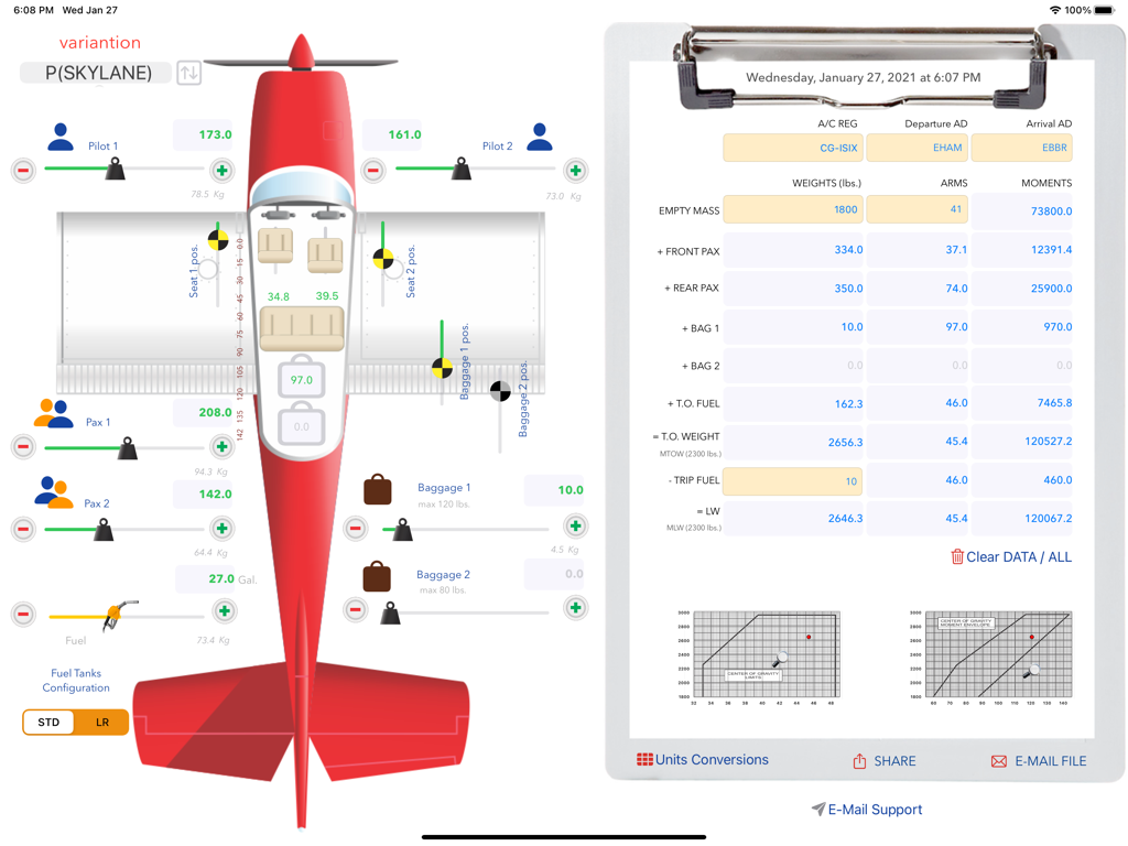Masse- und Schwerpunkt-App der Cessna 182, die ein Gewichtsverteilungsdiagramm und die berechnete Beladungsliste anzeigt.