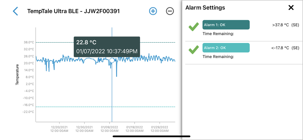 TempTale App - TempTale App interface displaying a temperature log graph and alarm configuration settings