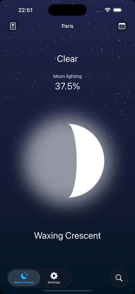 Interface de l'application Phases de la Lune montrant un premier croissant de lune et un éclairage de 37,5 pour cent