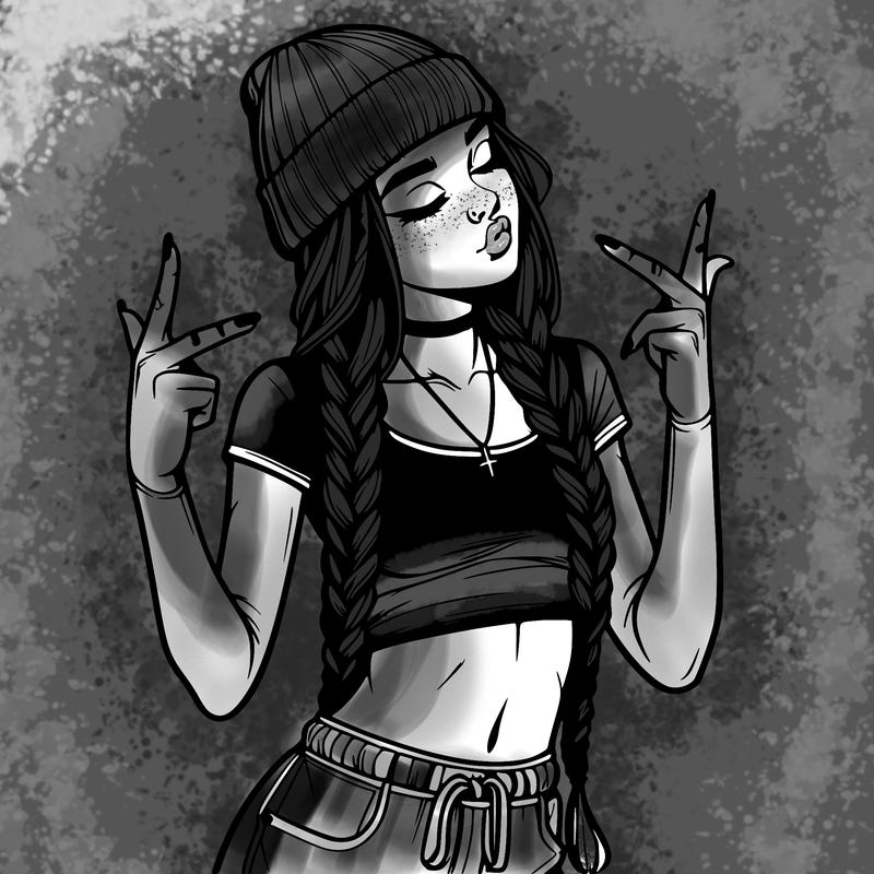 realistic teenage girl with braids and a beanie and crop top doing 🫶🏼