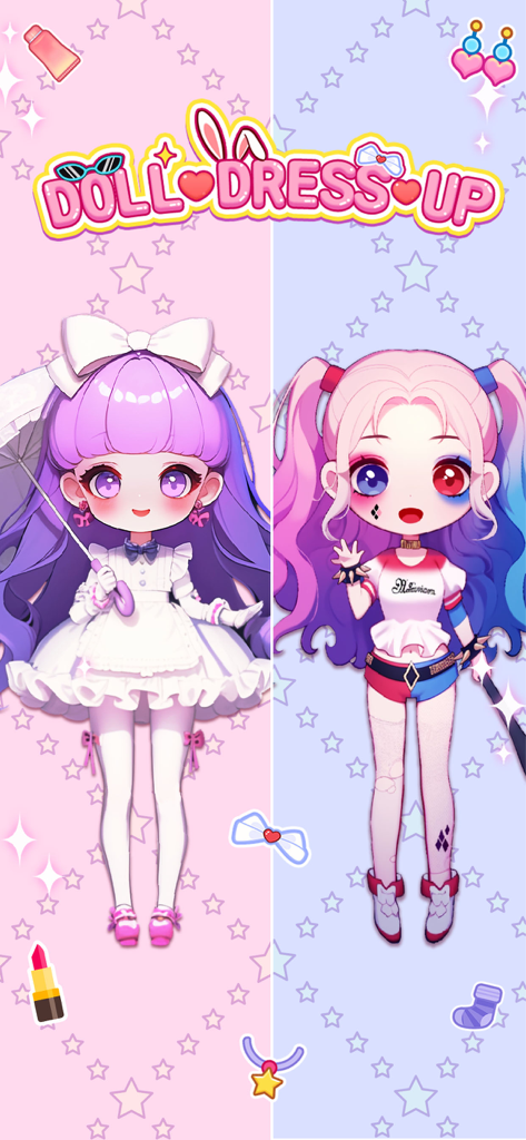 Doll Dress Up - Princess Games - Split screen showing two chibi dolls with different hairstyles and outfits in Doll Dress Up