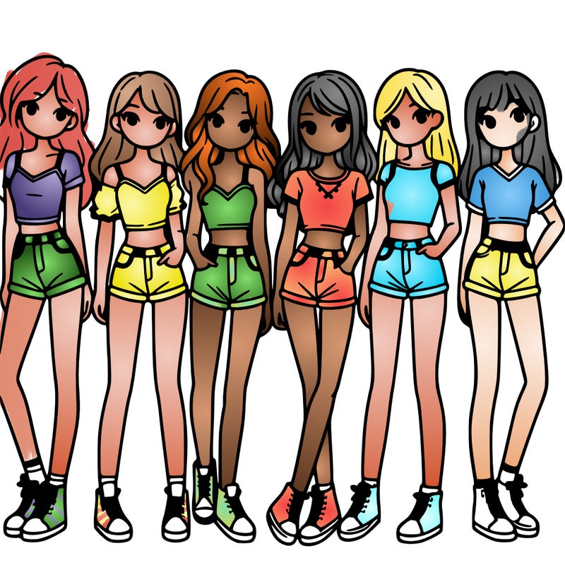 a group of girls wearing crop tops and shorts