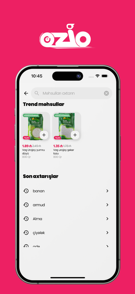 Ozio | Market. Cashback card. - Ozio mobile shopping app interface on an iPhone showing a search bar trending grocery items and a list of recent product searches