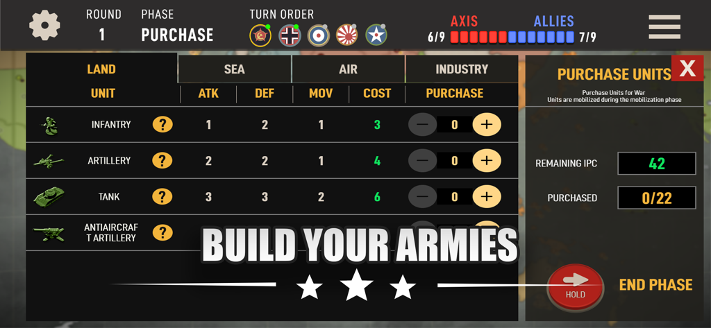 Menú de compra en el juego de Axis & Allies 1942 Online que muestra unidades terrestres y estadísticas para construir ejércitos