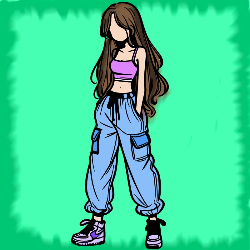girl in baggy pants crop top and long hair