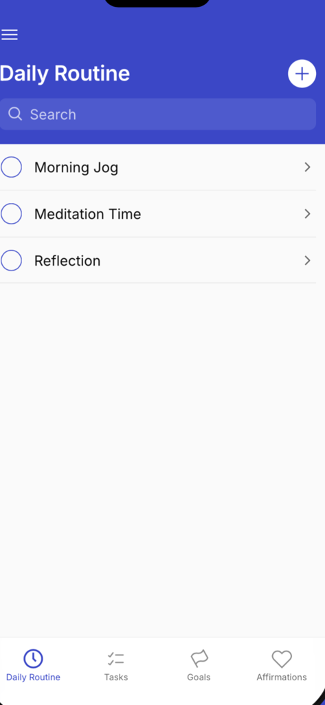 Proactive life - Tela de rotina diária do aplicativo Vida Proativa mostrando uma lista de verificação de hábitos como corrida matinal e meditação