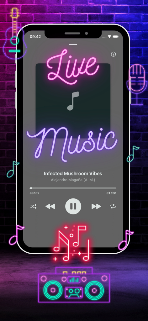 Karaoke Offline: Music Player - Karaoke Offline app interface showing a music player with neon decorations and play controls