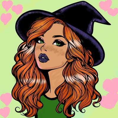 realistic witch girl with wavy hair and lips