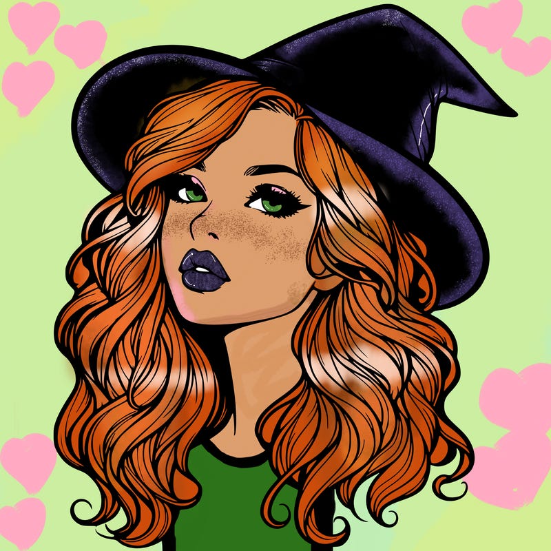 realistic witch girl with wavy hair and lips