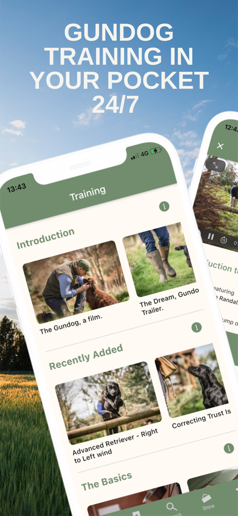 Gundog - Gundog app interface showing instructional video categories for hunting dog training like introduction and basics.
