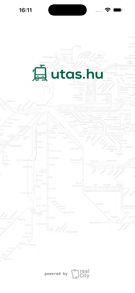 utas.hu - Splash screen of the utas.hu mobile app for Hungarian public transport featuring the logo and a faint transit map background