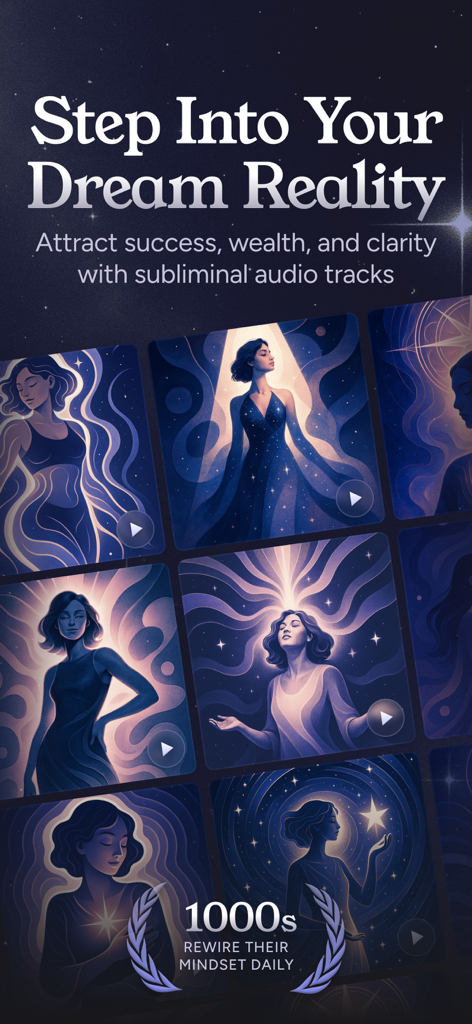 Fate – Subliminals - Pantalla estética de la aplicación Fate Subliminals con pistas de audio para manifestar éxito y riqueza