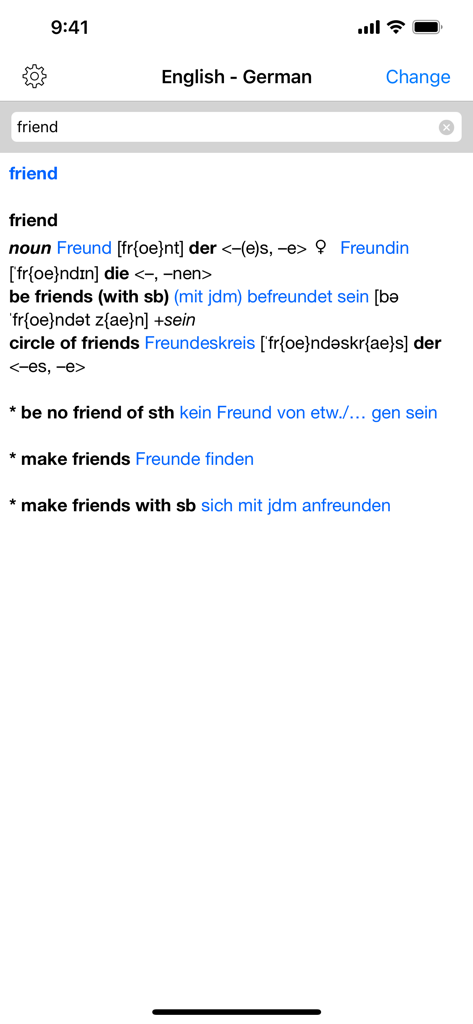 German Dictionary – Translator - Interfaccia dell'app Dizionario Tedesco che mostra la traduzione della parola amico con generi, pronuncia fonetica e frasi comuni.