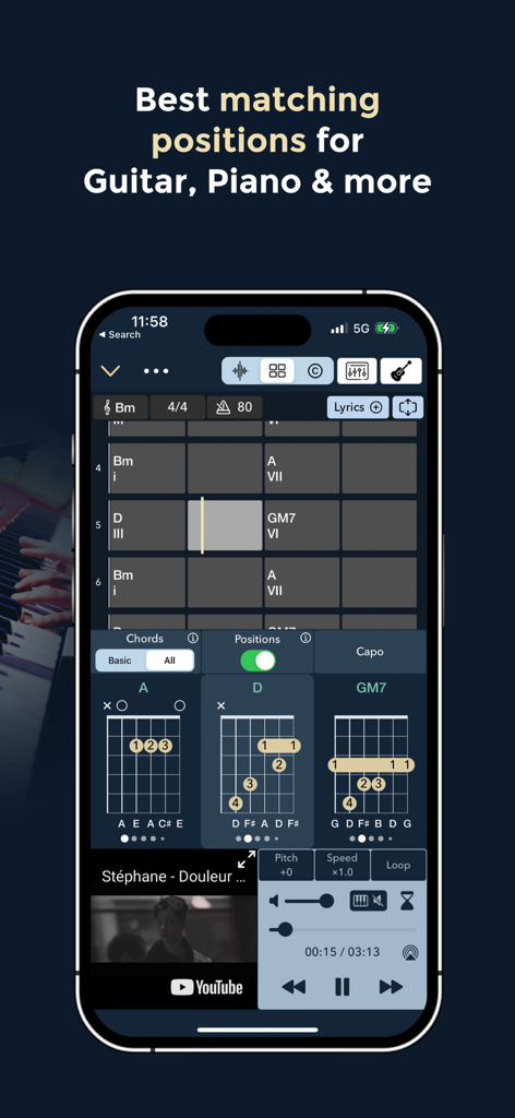 Chord ai - Play any song! - Chord ai app interface showing guitar chord diagrams and positions for a YouTube song
