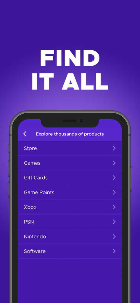Interface de l'application Eneba montrant une liste de catégories incluant jeux cartes cadeaux points de jeu Xbox PSN et Nintendo