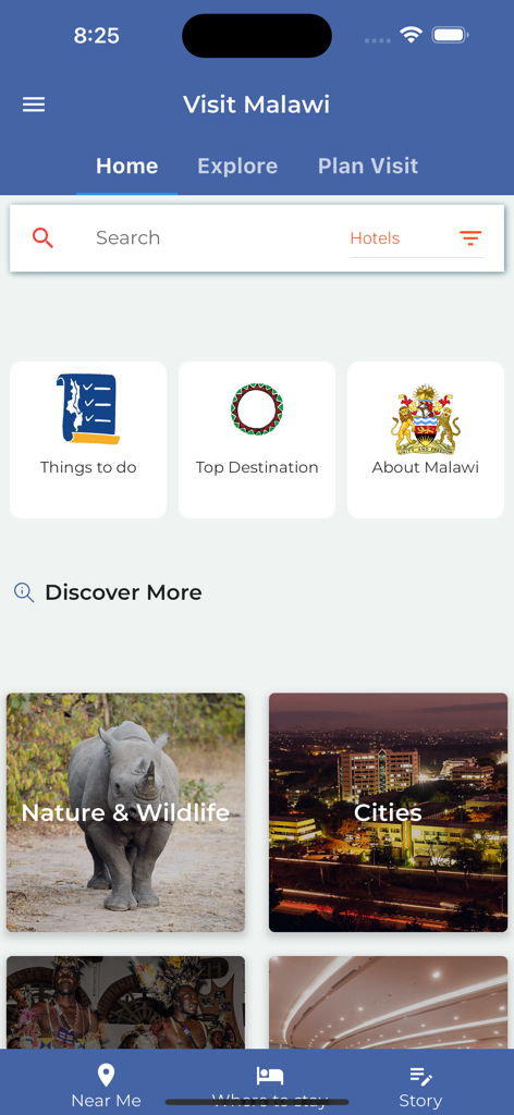 Startbildschirm der Visit Malawi App mit Abschnitten für Natur, Tierwelt und Städte