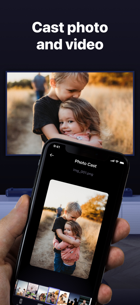iPhone casting a photo of children to a smart TV screen.