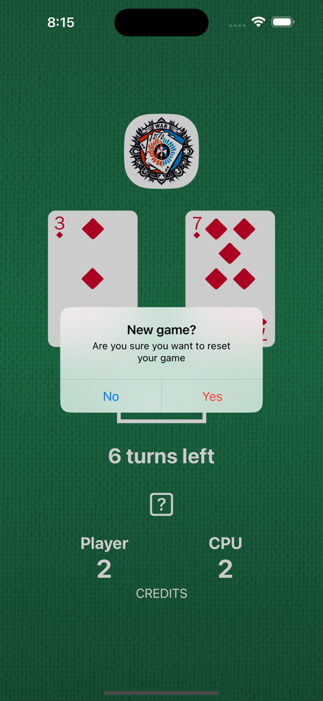 WAR! - Card Game - Gameplay screen of WAR card game app showing a reset game confirmation popup on a green background.
