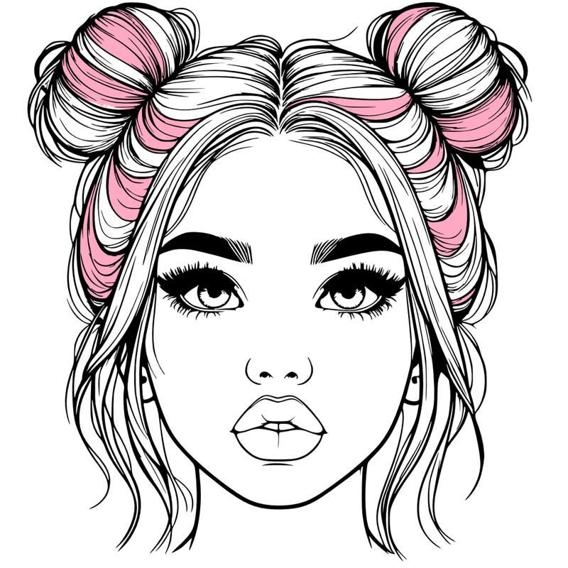 realistic girl with two buns on her hair and lips