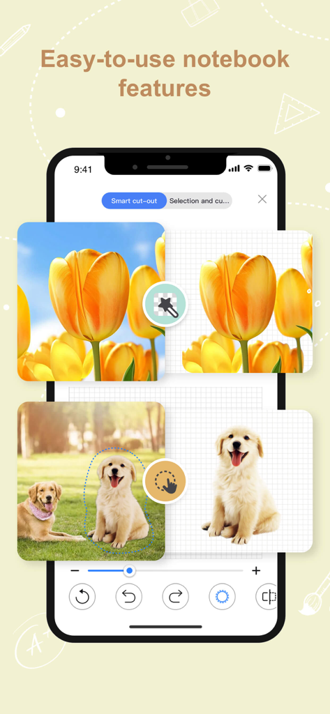 Kilonotes-Notes & Mark up PDF - Kilonotes app interface demonstrating the smart cut out tool to isolate images for digital notebooks