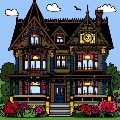 big victorian house with flowers