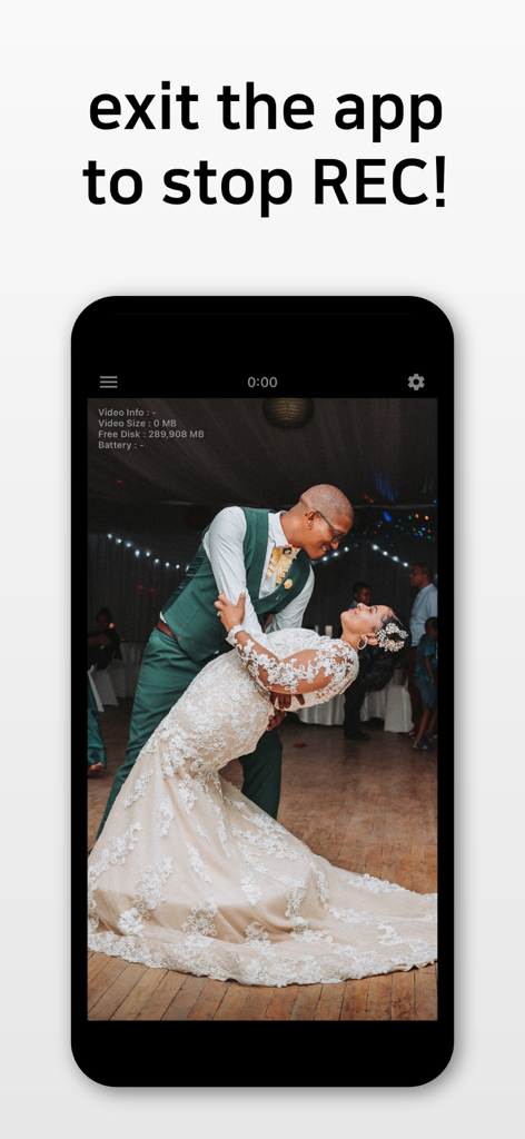 BlackVideo (One-Touch Rec!) - 앱을 종료하여 녹화를 중지하라는 지침과 함께 결혼식 댄스 녹화를 보여주는 BlackVideo 앱 인터페이스