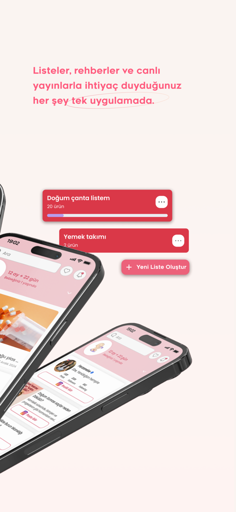 Momy: Bebek & Hamilelik Takibi - Une interface d'application mobile pour Momy montrant des listes de contrôle de grossesse comme une liste de sac d'hôpital et le suivi du développement du nourrisson.