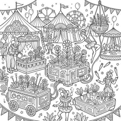 Experience the magic where technology meets tradition! This imaginative coloring page brings smart planters into the heart of a bustling carnival, filled with playful performers and intricate details.