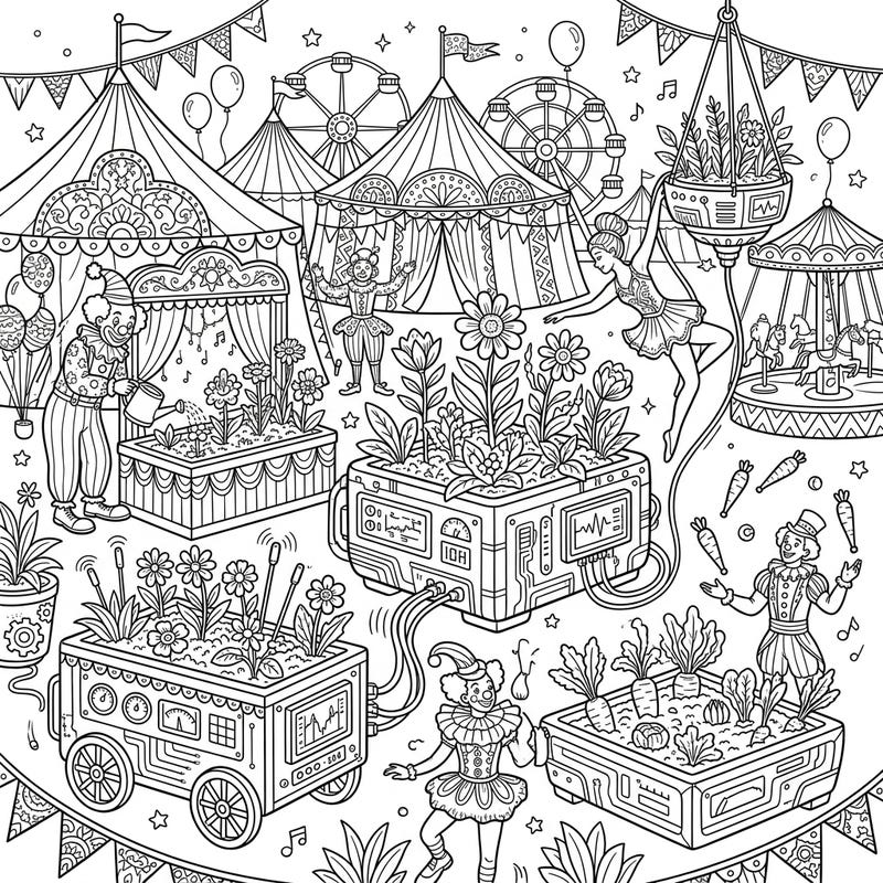 Experience the magic where technology meets tradition! This imaginative coloring page brings smart planters into the heart of a bustling carnival, filled with playful performers and intricate details.