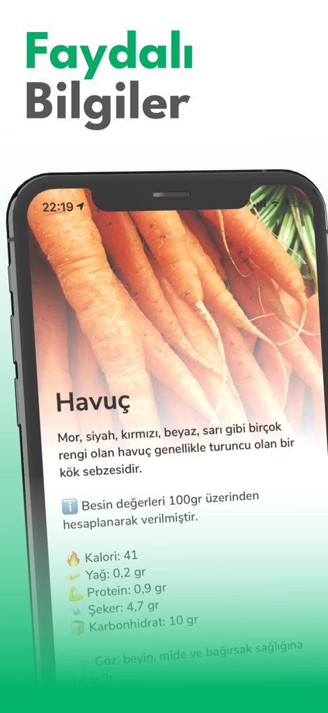 A mobile screen showing nutritional values and health benefits of carrots in the Eat Healthy in Season app.