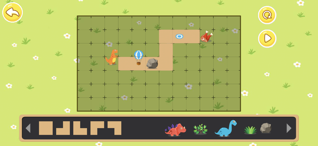 Dinosaur logic puzzle game interface for kids coding education