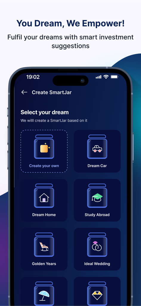 Interface de l'application HDFC Bank SmartWealth montrant la fonction SmartJars avec des options d'investissement basées sur les objectifs comme Maison de rêve, Voiture de rêve et Études à l'étranger.